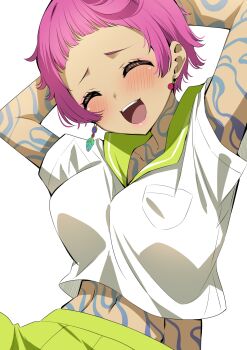 1girl :d arms_behind_head blush breasts closed_eyes comet_(gnosia) earrings feather_earrings feathers full-body_tattoo gnosia highres jewelry large_breasts midriff navel open_mouth osarutukamaeru pink_hair short_hair simple_background smile solo tattoo toned toned_female white_background