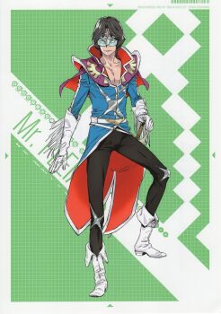 1boy absurdres adam's_apple belt black_hair black_pants blue_coat blue_shirt boots cape capelet character_name chest_harness chest_strap coat collar collarbone eye_mask fukuda_tomonori gloves goggles gold_trim hair_ornament hand_on_weapon harness hidaka_subaru hidaka_subaru_(mr._pleiades) highres male_focus mask muscular muscular_male non-web_source official_art open_clothes open_collar open_shirt pants pectorals rapier red_cape robotics;notes science_adventure shirt simple_background solo sword weapon white_boots white_gloves zipper zipper_footwear zipper_pull_tab