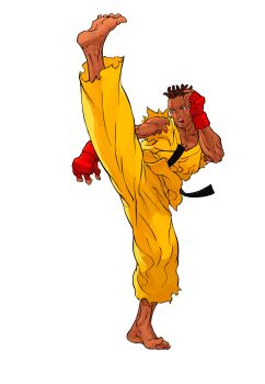 Rule 34 | 1boy, angry, axe kick, barefoot, brown hair, cornrows, dark-skinned male, dark skin, dougi, dreadlocks, fighting stance, fingerless gloves, game cg, gloves, highres, karate gi, kicking, male focus, mma gloves, muscular, muscular male, nishimura kinu, non-web source, official art, open mouth, outstretched arm, sean matsuda, simple background, solo, solo focus, street fighter, street fighter iii (series), teeth, very dark skin, white background