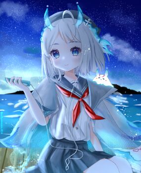 1girl arisuuuuu.1436 bike_shorts cellphone earphones highres jacket night night_sky nijisanji ocean phone remi_(virtuareal) school_uniform serafuku sky smartphone virtual_youtuber virtuareal white_hair