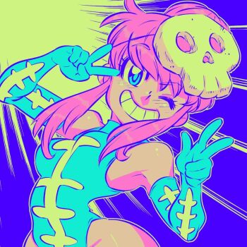 1girl blue_background blue_leotard breasts gloves grid_teeth inktober jakuzure_nonon kill_la_kill leotard mask one_eye_closed patterned_clothing pink_hair rafchu skull_mask small_breasts smile teeth thighs v yellow_background