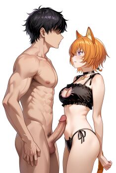 1boy 1girl absurdres alternate_costume animal_ears bell black_bra black_choker black_hair black_panties bra breasts cat_cutout cat_ear_panties cat_ears cat_girl cat_lingerie cat_tail character_request choker cleavage cleavage_cutout clenched_teeth clothed_female_nude_male clothing_cutout collarbone commentary commission completely_nude cowboy_shot erection faceless faceless_male facial_mark fire_emblem fire_emblem:_path_of_radiance fire_emblem:_radiant_dawn frilled_bra frills hetero highres lethe_(fire_emblem) looking_at_another male_pubic_hair medium_breasts navel neck_bell nintendo nude orange_hair orange_tail panties penis poking_with_penis profile pubic_hair purple_eyes short_hair side-tie_panties simple_background string_panties tail teeth testicles underwear underwear_only v-shaped_eyebrows vodka13 whisker_markings white_background