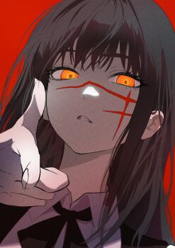 1girl absurdres black_dress black_hair black_ribbon bubba62473394 chainsaw_man close-up dress facial_scar highres looking_at_viewer orange_eyes pinafore_dress red_background ribbon ringed_eyes scar scar_on_cheek scar_on_face scar_on_nose simple_background sleeveless sleeveless_dress solo yoru_(chainsaw_man)