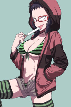 bikini breasts commentary food glasses hand_in_pocket highres holding holding_food holding_popsicle hood hood_up hoodie large_breasts natsumi_chorisuke open_clothes open_fly open_hoodie original popsicle shorts swimsuit tongue tongue_out