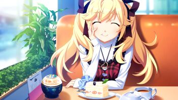 1girl arm_rest black_ribbon blonde_hair blue_scrunchie booth_seating cake chair chewing closed_mouth cup day dress elbow_rest eyeliner facing_viewer food game_cg grisaia_(series) grisaia_no_meikyuu hair_ribbon hand_on_own_cheek hand_on_own_face heart heart_necklace indoors jewelry large_variant_set long_hair long_sleeves makeup menu necklace non-web_source on_chair plaid_clothes plaid_dress plant plate red_dress red_eyeliner restaurant ribbon scrunchie shirt sitting sleeveless sleeveless_dress sleeves_past_wrists smile solo strawberry_cake table tea teacup teapot turtleneck turtleneck_shirt twintails variant_set watanabe_akio white_shirt wind wrist_scrunchie