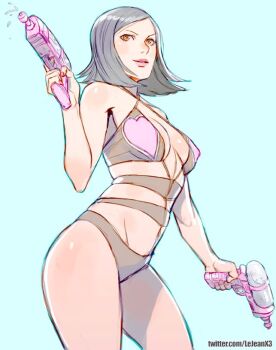1girl amano_maya atlus breasts brown_eyes cleavage large_breasts lejeanx3 medium_hair nail_polish persona persona_2 purple_hair rejean_dubois shiny_skin smile swimsuit water_gun