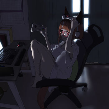 1girl alternate_costume animal_ear_headphones animal_ears armpits book breasts brown_hair calendar_(object) chair commentary_request computer_keyboard computer_mouse controller curtains drawing_tablet ear_ornament fake_animal_ears headphones highres holding holding_controller horse_ears horse_girl horse_tail indoors knees_up large_breasts mouth_hold multicolored_hair office_chair red-framed_eyewear red_eyes shirt short_hair short_sleeves solo streaked_hair swivel_chair tail tenkey2022 transcend_(umamusume) umamusume white_hair white_shirt wide_sleeves