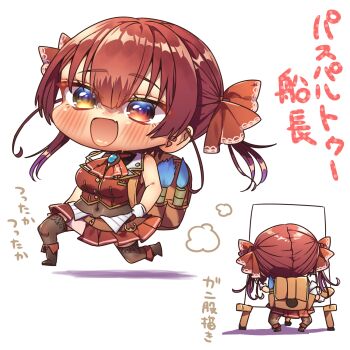1girl :d ascot backpack bag blush boots brown_boots brown_thighhighs chibi chibi_only commentary_request fang full_body hair_ribbon harumina_mau heterochromia highres hololive houshou_marine long_hair multiple_views open_mouth pleated_skirt red_ascot red_eyes red_hair red_ribbon red_skirt red_vest ribbon simple_background skin_fang skirt smile standing thighhighs translation_request twintails vest virtual_youtuber white_background yellow_eyes