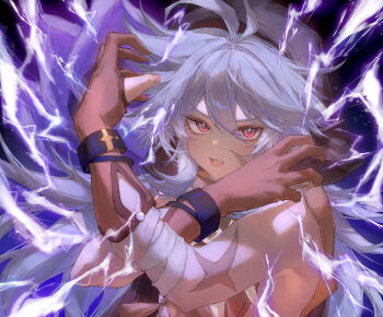 1boy chappoooonn genshin_impact gloves grey_hair hair_between_eyes hands_up highres hood hood_up long_hair looking_at_viewer male_focus multiple_boys open_mouth razor_(genshin_impact) red_eyes scar solo white_hair