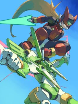 2boys android armor blonde_hair blue_background commentary_request dual_wielding energy_sword fighting_in_air forehead_jewel from_below full_body green_helmet helmet highres holding holding_sword holding_weapon long_hair male_focus mechanical_wings mega_man_(series) mega_man_zero_(series) multiple_boys omochi_(mochi_skymega) red_armor red_helmet sage_harpuia_(mega_man) sword weapon wings z_saber zero(z)_(mega_man) zero_(mega_man)