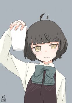 1girl absurdres ahoge aqua_bow black_hair blunt_bangs bow brown_dress collared_shirt commentary_request cup dress dress_shirt drinking_glass expressionless grey_background halter_dress halterneck highres kantai_collection kishinami_(kancolle) looking_at_viewer shirt short_hair solo toplow white_shirt yellow_eyes