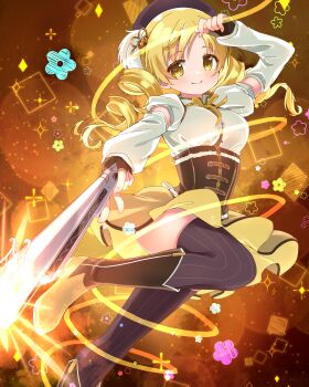 1girl beret black_hat blonde_hair blush boots breasts brown_boots brown_corset brown_gloves brown_thighhighs closed_mouth commentary_request corset detached_sleeves dot_nose drill_hair fingerless_gloves flower gloves gun hand_up hat high_collar highres holding holding_gun holding_weapon knee_boots knee_up leg_up long_sleeves looking_at_viewer magical_girl magical_musket_(madoka_magica) mahou_shoujo_madoka_magica mahou_shoujo_madoka_magica_(anime) medium_breasts medium_hair neck_ribbon puffy_short_sleeves puffy_sleeves ribbon rifle ruru_(rurumagi) short_sleeves skirt smile solo square striped_clothes striped_thighhighs thighhighs tomoe_mami tomoe_mami_(magical_girl) twin_drills twintails vertical-striped_clothes vertical-striped_thighhighs weapon yellow_background yellow_eyes yellow_flower yellow_ribbon yellow_skirt