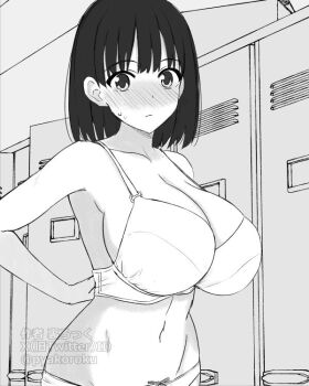 1girl arms_behind_back artist_name bare_shoulders blunt_bangs blush bra breasts cleavage collarbone cowboy_shot embarrassed greyscale hako_roku huge_breasts indoors kanami_kanna kunoichi_hajimemashita! locker locker_room looking_at_viewer monochrome navel panties short_hair solo standing sweat underwear