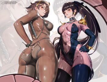 2girls absurdres ass black_hair bodysuit breasts brown_bodysuit brown_hair commentary cosplay crossover english_commentary eve_(stellar_blade) eve_(stellar_blade)_(cosplay) g_gundam gundam highres large_breasts mecha_pilot_suit mechanical_spine medium_breasts mobile_trace_suit multicolored_bodysuit multiple_girls pilot_suit ponytail rain_mikamura rain_mikamura_(cosplay) short_hair skin_suit_(stellar_blade) skin_tight standing stellar_blade two-tone_bodysuit watermelonsfw
