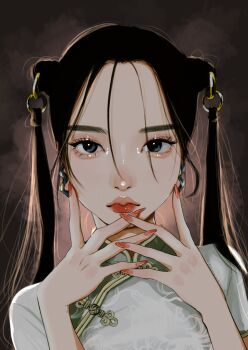 1girl black_eyes black_hair china_dress chinese_clothes closed_mouth commentary_request double_bun dress earrings fingernails grey_background hair_bun hair_extensions hands_up highres jewelry lips long_fingernails long_hair looking_at_viewer nail_polish original red_lips red_nails ring_hair_extensions ring_hair_ornament short_sleeves solo white_dress yellowunk