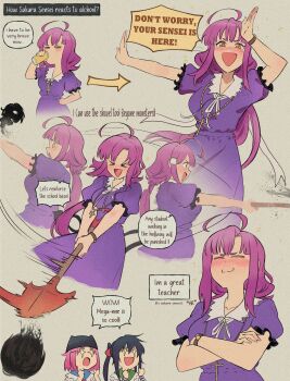 +_+ 3girls ;3 absurdres alyerve beer_can can dialogue_box dress drink_can drinking drunk ebisuzawa_kurumi gakkou_gurashi! highres multiple_girls one_eye_closed purple_dress sakura_megumi shovel takeya_yuki