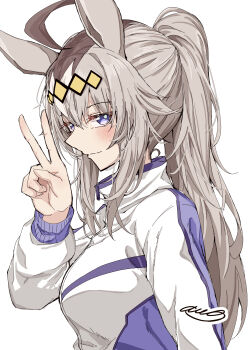 absurdres ahoge amaxa animal_ears blue_eyes breasts commentary_request grey_hair hairband highres horse_ears horse_girl jacket long_hair long_sleeves looking_at_viewer medium_breasts oguri_cap_(umamusume) ponytail signature simple_background track_jacket umamusume umamusume:_cinderella_gray v white_background yellow_hairband