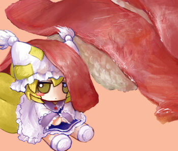 Rule 34 | 1girl, blonde hair, blue tabard, blush stickers, collared dress, dress, expressionless, fish, food, food-themed background, food on head, fox tail, frilled dress, frilled sleeves, frills, full body, fumo (doll), hat, hat tassel, jitome, kitsune, mob cap, object on head, on floor, rice, rusuban (yakumora n), short hair, sitting, socks, solo, sushi, tabard, tail, touhou, white dress, white hat, white socks, yakumo ran