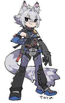 1boy ahoge animal_ear_fluff animal_ears artist_name belt black_gloves cat_boy cat_ears cat_tail closed_mouth colored_tips crossed_bangs full_body gloves grey_pants hair_between_eyes hashtag-only_commentary highres looking_to_the_side male_focus multicolored_hair pants police police_uniform policeman purple_eyes seth_lowell simple_background smile solo tail tetsu_(teppei) walkie-talkie white_background white_hair zenless_zone_zero