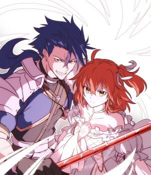 Rule 34 | 0nodera, 1boy, 1girl, ahoge, bare shoulders, blue hair, choker, closed mouth, collarbone, command spell, commentary request, cu chulainn (fate), cu chulainn (fate/prototype), dress, earrings, fate/grand order, fate (series), fujimaru ritsuka (female), grin, hair between eyes, holding, holding polearm, holding weapon, jewelry, long hair, looking at viewer, one side up, orange eyes, polearm, ponytail, red eyes, ribbon, smile, weapon, white background, white dress, white ribbon