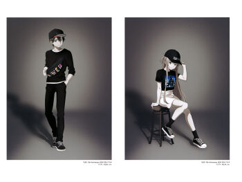 1boy 1girl absurdres asuna_(sao) baseball_cap braid closed_mouth french_braid full_body hand_in_pocket hat highres kirito limited_palette looking_at_viewer miniskirt official_art pants shirt shoes short_hair short_sleeves sitting skirt smile sneakers socks split_screen sword_art_online t-shirt