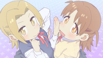 Rule 34 | 2girls, :d, absurdres, black skirt, black vest, blonde hair, brown eyes, brown hair, commentary request, hand on own hip, highres, light blush, long sleeves, looking at viewer, matado (almukha), medium hair, multiple girls, neck ribbon, onii-chan wa oshimai!, open mouth, pleated skirt, red ribbon, ribbon, shiina minori, shirt, skirt, smile, takada satsuki, two side up, vest, white shirt, yellow eyes