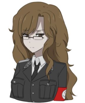1girl black_cat03 brown_eyes brown_hair closed_mouth collared_shirt glasses jacket kiryuu_moeka long_hair long_sleeves looking_at_viewer military military_uniform nazi nazi_flag necktie science_adventure shirt simple_background solo steins;gate swastika upper_body white_background