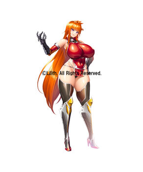 Rule 34 | 1girl, armored boots, black panties, boots, breasts, copyright name, covered navel, curvy, dress, elbow gloves, female focus, full body, gloves, highleg, highleg panties, highres, huge breasts, impossible clothes, kamimura maika, lilith-soft, long hair, looking at viewer, panties, pelvic curtain, purple eyes, red dress, revealing clothes, shiny clothes, sian, simple background, skindentation, smile, solo, standing, string panties, taimanin (series), taimanin rpgx, taimanin suit, thong, underwear, very long hair, white background, wide hips