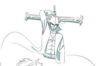 1boy abs arm_behind_head beard closed_mouth coat commentary_request cross_pendant dracule_mihawk facial_hair fasto hat_feather holding holding_sword holding_weapon male_focus mustache one_piece open_clothes open_coat sash simple_background solo sword weapon