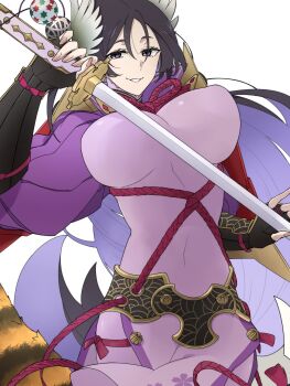 1girl black_gloves black_hair breasts commentary_request covered_erect_nipples covered_navel cyp1a2 dress eyelashes fate/grand_order fate_(series) fingerless_gloves gloves highres holding holding_sword holding_weapon long_hair looking_at_viewer minamoto_no_raikou_(fate) parted_lips purple_dress purple_eyes simple_background solo sword unaligned_breasts very_long_hair weapon white_background