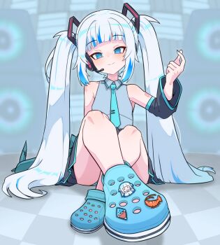 1girl alternate_costume black_skirt black_sleeves blue_eyes blue_footwear blue_hair blue_nails blue_necktie blue_shirt blush breasts collared_shirt cosplay crocs detached_sleeves ebi-chan_(gawr_gura) gawr_gura grey_hair hatsune_miku hatsune_miku_(cosplay) highres hololive hololive_english long_hair looking_at_viewer moral_cacoethes multicolored_hair nail_polish necktie shirt skirt small_breasts smol_gura solo streaked_hair very_long_hair virtual_youtuber vocaloid walfie_(style)