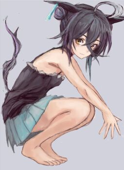 1girl ahoge alternate_hairstyle animal_ears bare_shoulders barefoot black_camisole black_hair black_tank_top blue_skirt blush breasts camisole closed_mouth double_bun ear_tag earrings hair_between_eyes hair_bun horse_ears horse_girl horse_tail jewelry long_bangs long_hair long_hair_between_eyes looking_at_viewer manhattan_cafe_(umamusume) multicolored_hair pleated_skirt simple_background single_earring skirt small_breasts solo squatting tail tank_top umamusume white_hair yanagi_wakana yellow_eyes