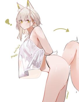 1girl ? animal_ears arknights bare_shoulders black_panties blush breasts cat_ears cat_girl closed_mouth convenient_censoring green_eyes grey_hair hair_intakes high-waist_panties kal&#039;tsit_(arknights) large_breasts nuggetkouhai panties see-through_clothes see-through_shirt shirt shirt_overhang short_hair sideboob sleeveless sleeveless_shirt solo trembling underwear white_shirt