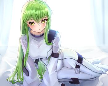 1girl belt belt_buckle black_belt blush bodysuit breasts buckle c.c. code_geass green_hair highres long_hair marine_cat medium_breasts multiple_belts solo white_bodysuit yellow_eyes