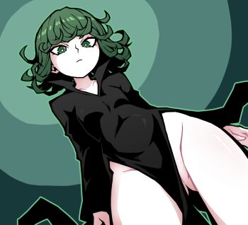 1girl akableak black_dress breasts curly_hair dress green_eyes green_hair loli looking_at_viewer one-punch_man small_breasts solo tatsumaki