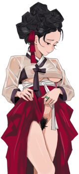 1girl bad_id bad_pixiv_id breasts closed_mouth commentary_request female_pubic_hair hair_ribbon hanbok highres jewelry knees korean_clothes korean_commentary long_sleeves original pubic_hair red_ribbon ribbon ring simple_background solo standing thighs underboob wani_(perfect_han) white_background white_hanbok