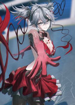 Rule 34 | 1girl, backless dress, backless outfit, black flower, blake bloom (wuthering waves), blurry, blurry background, breasts, camellya (wuthering waves), chromatic aberration, closed mouth, commentary, dress, flower, grey eyes, grey hair, hair between eyes, hair flower, hair ornament, hair vines, hashtag-only commentary, highres, looking at viewer, medium breasts, outstretched arm, red dress, red pupils, rin0 (gujrv), short hair, short twintails, smile, solo, tacet mark (wuthering waves), twintails, wuthering waves