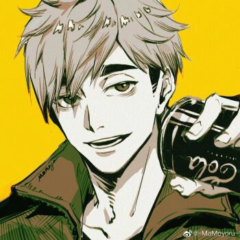1boy can haikyuu!! hashtag-only_commentary highres holding holding_can jacket looking_at_viewer male_focus miya_osamu momoyoru1 open_mouth portrait short_hair sideburns solo twitter_username watermark weibo_watermark yellow_background