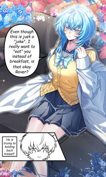 1boy 1girl absurdres blue_bow blue_bowtie blue_hair blue_sailor_collar blue_skirt blush bow bowtie breasts cardigan collarbone colored_eyelashes commentary english_text hair_between_eyes hand_up highres jacket large_breasts long_hair looking_at_viewer male_rover_(wuthering_waves) off_shoulder official_alternate_costume open_clothes open_jacket parted_lips purple_eyes revision rover_(wuthering_waves) sailor_collar school_uniform shorekeeper_(wuthering_waves) skirt smile tu_thanh white_jacket wuthering_waves