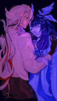 arlecchino_(genshin_impact) biblically_accurate_angel black_hair black_hands closed_eyes coat colored_extremities columbina_(genshin_impact) commentary english_commentary eye_mask fatui_coat feathered_wings fur-trimmed_coat fur_trim genshin_impact hair_ornament head_wings highres long_hair mask mihoyo multicolored_hair multiple_wings pumqinjun two-tone_hair white_hair wing_hair_ornament wings x-shaped_eyewear