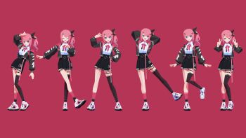 &gt;_&lt; 1girl 3d :o :q absurdres arm_up arms_behind_head asymmetrical_legwear big_aphrodite black_bow black_jacket black_shorts black_socks black_thighhighs blue_eyes bow bowtie breasts closed_eyes closed_mouth collared_shirt commentary_request contrapposto double_v full_body gradient_hair hair_bow hand_on_own_hip hand_up high-waist_shorts highres jacket knees_together_feet_apart kuramochi_meruto kuramochi_meruto_(1st_costume) light_blush long_sleeves looking_at_viewer looking_to_the_side low_poly medium_breasts mismatched_legwear multicolored_hair multiple_expressions multiple_views nijisanji o-ring o-ring_thigh_strap open_clothes open_jacket open_mouth outstretched_arm outstretched_leg pink_bow pink_bowtie pink_hair pink_jacket pink_socks puffy_long_sleeves puffy_sleeves purple_background purple_hair shirt shirt_tucked_in shoes shorts side_ponytail simple_background single_thighhigh sleeveless sleeveless_shirt smile socks standing standing_on_one_leg thigh_strap thighhighs tongue tongue_out two-sided_fabric two-sided_jacket upper_body v virtual_youtuber white_shirt white_shoes