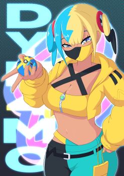 Rule 34 | 1girl, absurdres, aqua hair, bandeau, black mask, blonde hair, blue eyes, blue nails, breasts, canari (pokemon), cleavage, criss-cross straps, dark-skinned female, dark skin, hand on own hip, highres, jacket, kytobitt, large breasts, long sleeves, looking at viewer, mask, mega stone, mouth mask, multicolored hair, navel, nintendo, pants, poke ball, pokemon, pokemon legends: z-a, quick ball, short twintails, solo, split-color hair, sports bra, twintails, two-tone hair, two-tone mask, two-tone pants, v, yellow bandeau, yellow jacket, yellow mask, yellow nails, yellow sports bra