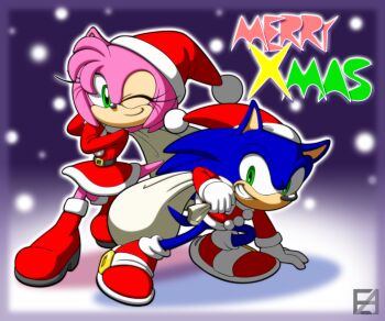 1boy 1girl 2016 amy_rose boots christmas furry green_eyes holidays one_eye_closed sega sonic_(series) sonic_the_hedgehog wink