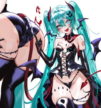 1girl :d absurdres aqua_eyes aqua_hair ass bare_shoulders black_gloves black_panties black_thighhighs blush breasts commentary corset cross-laced_clothes demon_girl demon_horns demon_tail demon_wings detached_collar elbow_gloves fang foolish_potato gloves hair_between_eyes hair_ornament hatsune_miku highres horns latex long_hair looking_at_viewer multiple_views musical_note navel necktie open_mouth panties red_necktie simple_background skin_fang skindentation small_breasts smile tail tattoo thighhighs thighs twintails underwear untranslatable_commentary very_long_hair vocaloid white_background wings