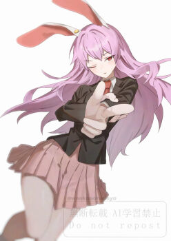 1girl animal_ears black_jacket blazer collared_shirt commentary_request feet_out_of_frame finger_gun foreshortening highres holding_own_wrist jacket long_hair long_sleeves looking_at_viewer miniskirt necktie one_eye_closed parted_lips pink_skirt pleated_skirt purple_hair rabbit_ears rabbit_girl red_eyes red_necktie reisen_udongein_inaba shirt simple_background skirt solo touhou twitter_username wanko_sora watermark white_background white_shirt