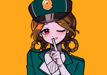 1girl aima_(reverse:1999) braid braided_hair_rings brown_hair fang finger_to_mouth gloves green_hat green_jacket grin haihaiera hair_rings hand_up hat index_finger_raised jacket looking_at_viewer one_eye_closed peaked_cap red_eyes reverse:1999 shirt short_hair smile solo teeth upper_body white_gloves white_shirt yellow_background