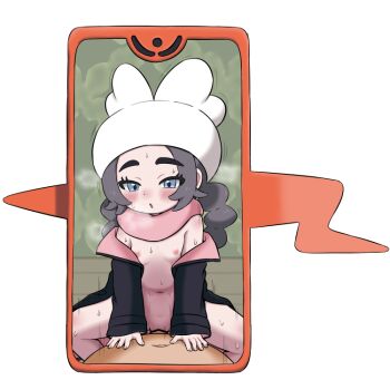 1boy 1girl ansha_(pokemon) bar_censor black_coat blue_eyes blush breath censored coat commentary_request cowgirl_position eyelashes gen_4_pokemon girl_on_top hands_on_another&#039;s_stomach hat hetero loli long_hair motion_lines navel nintendo open_clothes open_coat open_mouth pink_scarf pokemon pokemon_legends:_z-a rinouru rotom rotom_phone scarf sex straddling sweat white_hat