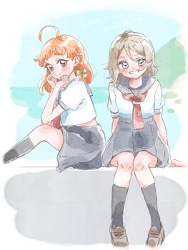 2girls ahoge black_socks blue_eyes blush bow braid closed_mouth commentary_request grey_hair grey_sailor_collar grey_skirt grin hair_bow highres looking_at_viewer love_live! love_live!_sunshine!! medium_hair midriff_peek miniskirt mugiyounicos2 multiple_girls neckerchief orange_hair pleated_skirt red_neckerchief sailor_collar school_uniform shirt short_sleeves side_braid simple_background sitting skirt smile socks split_mouth summer_uniform takami_chika tie_clip uranohoshi_school_uniform watanabe_you white_shirt yellow_bow