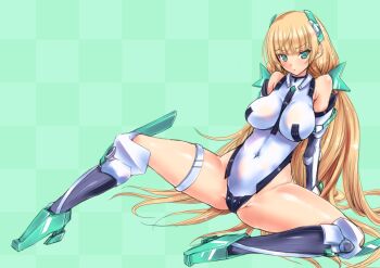1girl angela_balzac aqua_background aqua_eyes arm_support armor bare_shoulders blonde_hair boots breasts covered_navel elbow_gloves female_focus gloves greaves headgear highres large_breasts leotard long_hair looking_at_viewer rakuen_tsuihou simple_background sitting solo spread_legs thigh_strap twintails uguisu_kagura very_long_hair