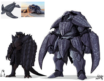 1boy 1other absurdres ambiguous_gender animal_helmet arm_blade armor artist_self-insert breastplate claws creature_and_personification facial_mark faulds frown full_armor full_body gauntlets gegegekman helmet highres holding holding_shield knight original personification reference_inset reptile_boy sabaton sea_turtle shaded_face shadow shield shoulder_armor shoulder_spikes signature size_difference spikes tail turtle turtle_boy turtle_shell weapon white_background